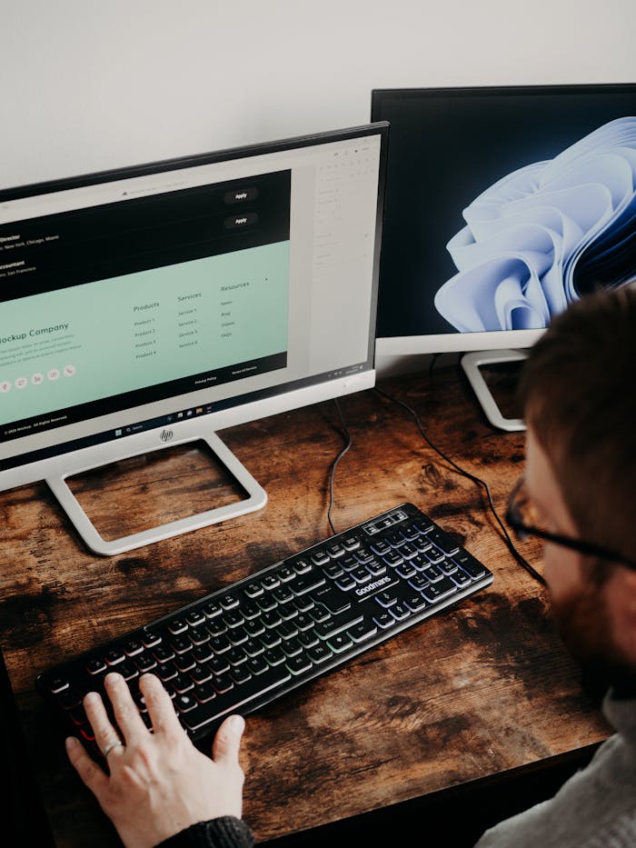 contact-img Adult man uses dual monitors for web design in a home office setting.
